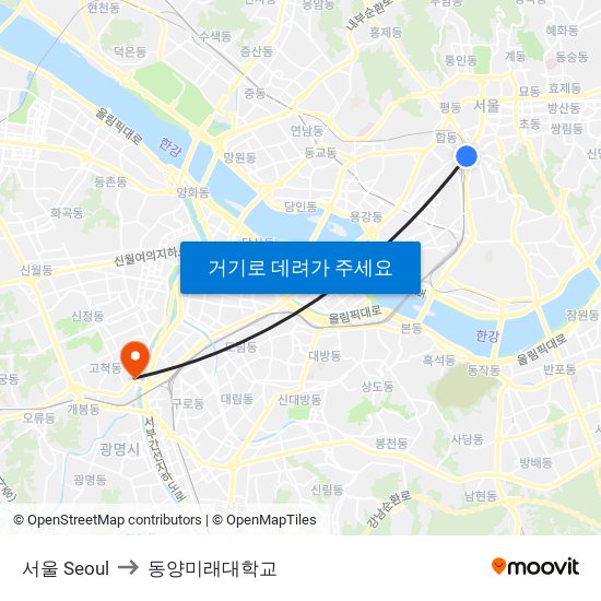 서울 Seoul to 동양미래대학교 map