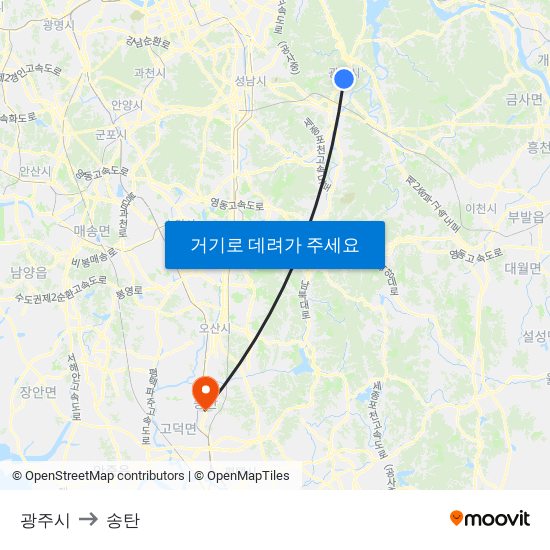 광주시 to 송탄 map