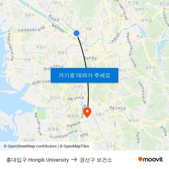 홍대입구 Hongik University to 권선구 보건소 map