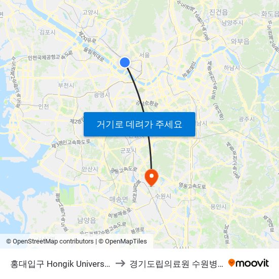 홍대입구 Hongik University to 경기도립의료원 수원병원 map