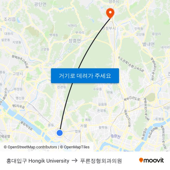 홍대입구 Hongik University to 푸른정형외과의원 map