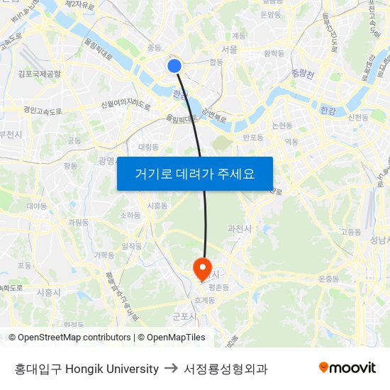 홍대입구 Hongik University to 서정룡성형외과 map