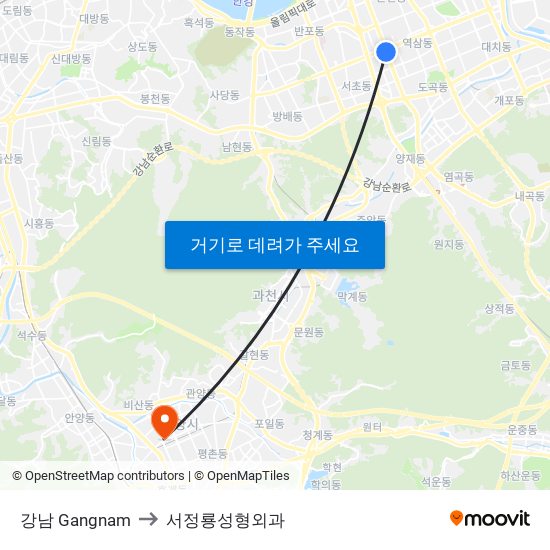 강남 Gangnam to 서정룡성형외과 map