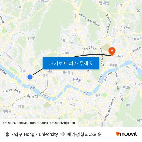 홍대입구 Hongik University to 메가성형외과의원 map