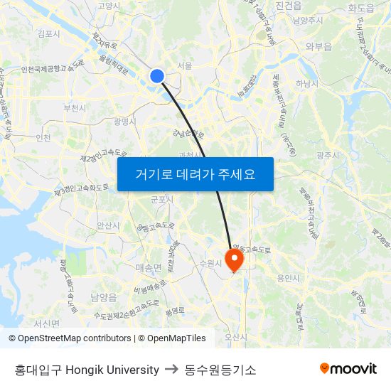 홍대입구 Hongik University to 동수원등기소 map