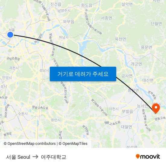 서울 Seoul to 여주대학교 map