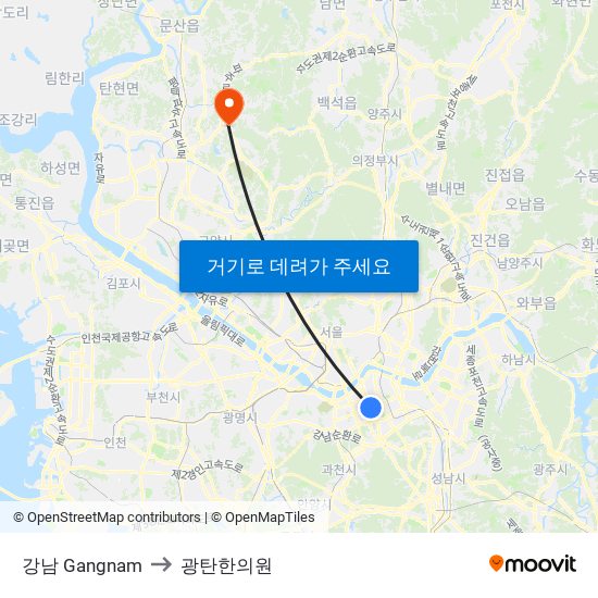 강남 Gangnam to 광탄한의원 map