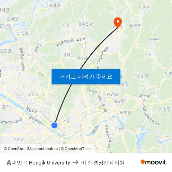 홍대입구 Hongik University to 이 신경정신과의원 map