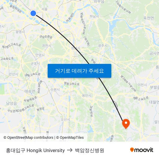 홍대입구 Hongik University to 백암정신병원 map