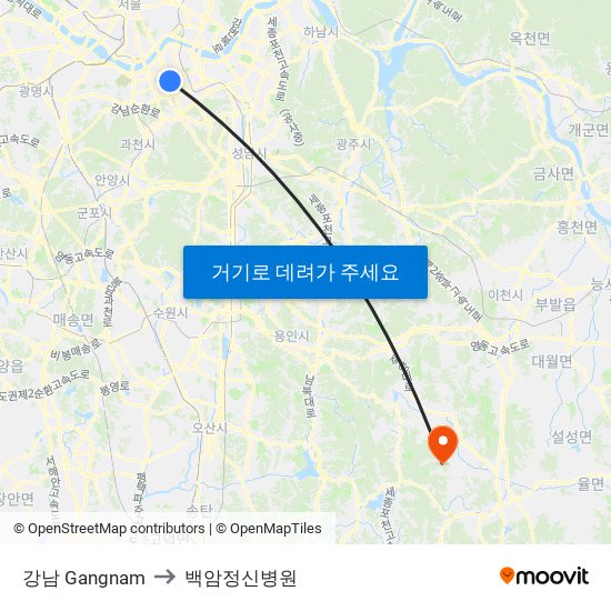 강남 Gangnam to 백암정신병원 map