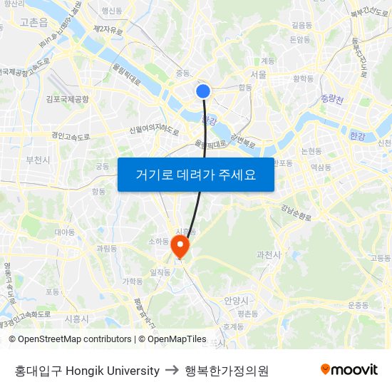 홍대입구 Hongik University to 행복한가정의원 map