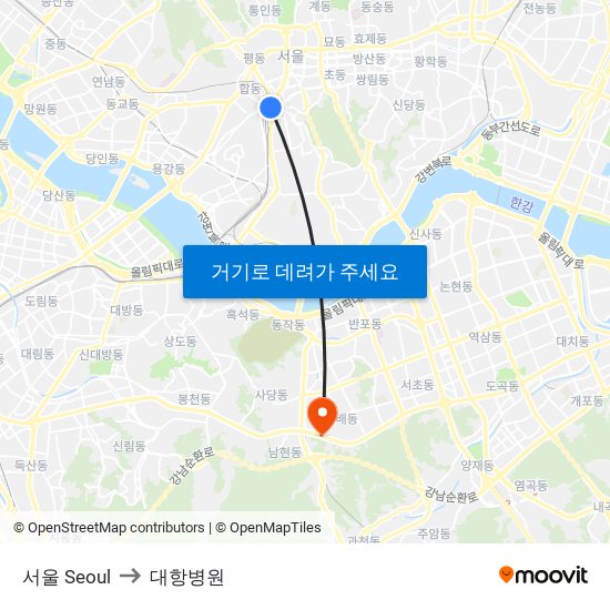 서울 Seoul to 대항병원 map