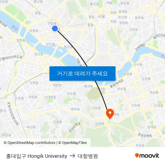 홍대입구 Hongik University to 대항병원 map