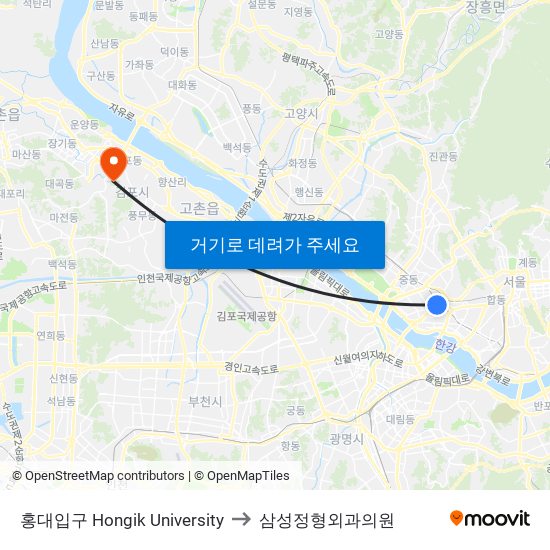 홍대입구 Hongik University to 삼성정형외과의원 map