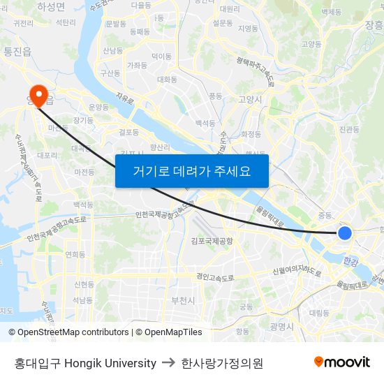 홍대입구 Hongik University to 한사랑가정의원 map
