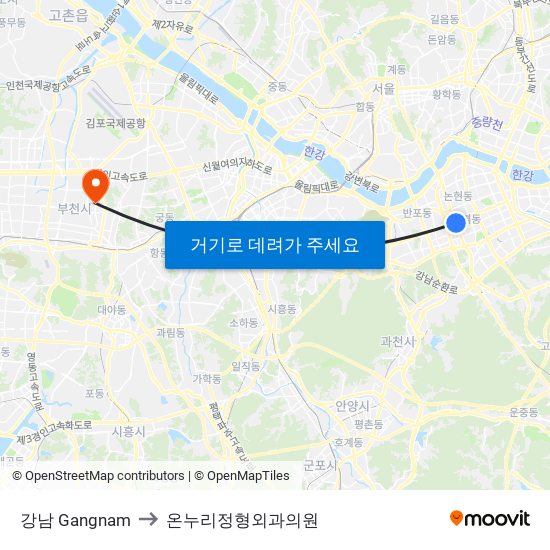 강남 Gangnam to 온누리정형외과의원 map