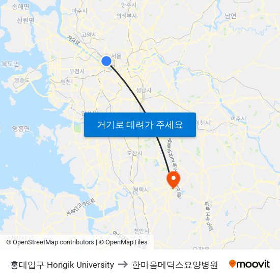 홍대입구 Hongik University to 한마음메딕스요양병원 map