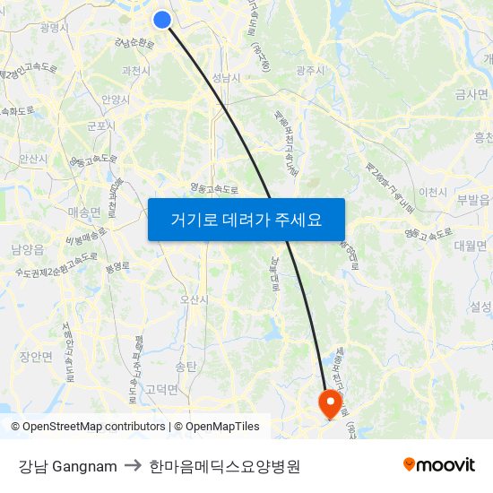 강남 Gangnam to 한마음메딕스요양병원 map