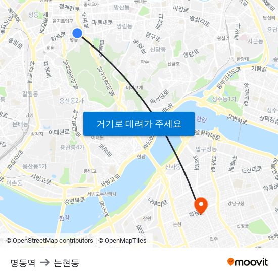 명동역 to 논현동 map
