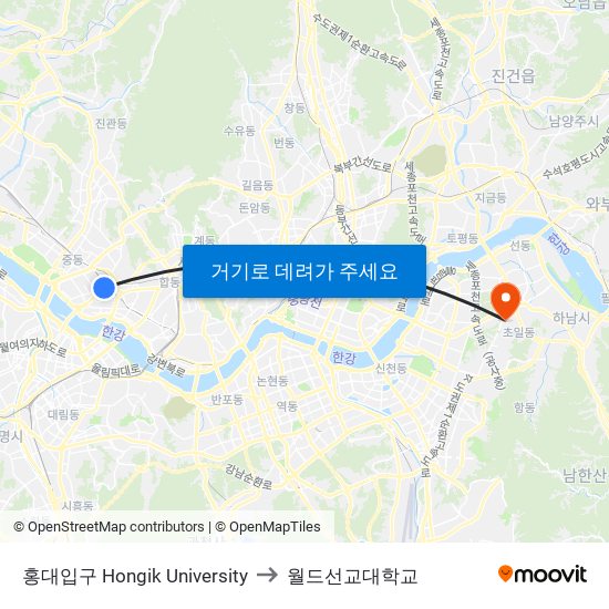 홍대입구 Hongik University to 월드선교대학교 map