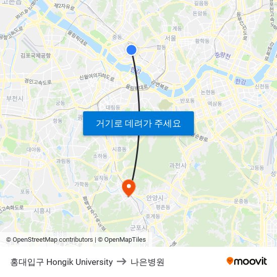 홍대입구 Hongik University to 나은병원 map