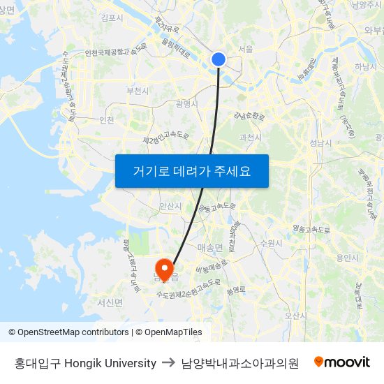 홍대입구 Hongik University to 남양박내과소아과의원 map