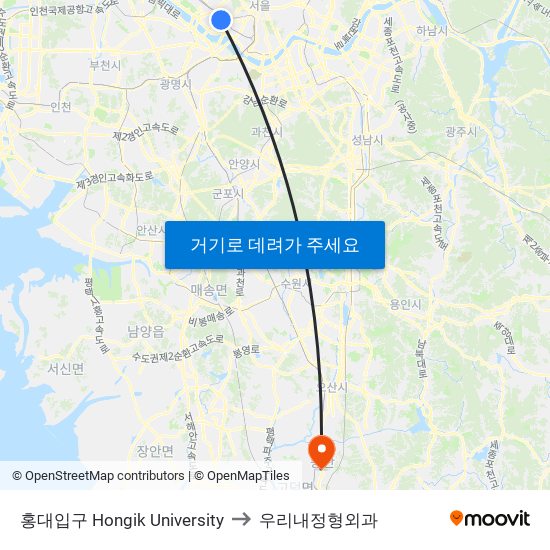 홍대입구 Hongik University to 우리내정형외과 map