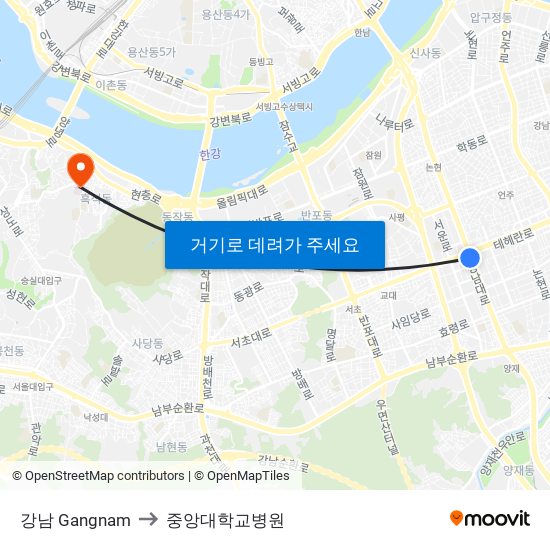 강남 Gangnam to 중앙대학교병원 map