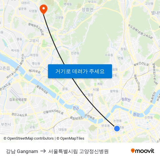 강남 Gangnam to 서울특별시립 고양정신병원 map