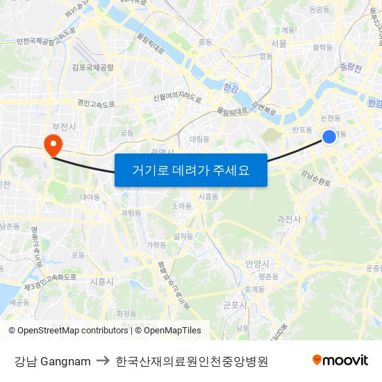 강남 Gangnam to 한국산재의료원인천중앙병원 map