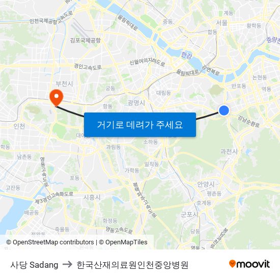 사당 Sadang to 한국산재의료원인천중앙병원 map