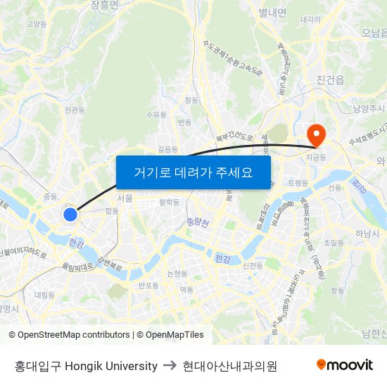 홍대입구 Hongik University to 현대아산내과의원 map