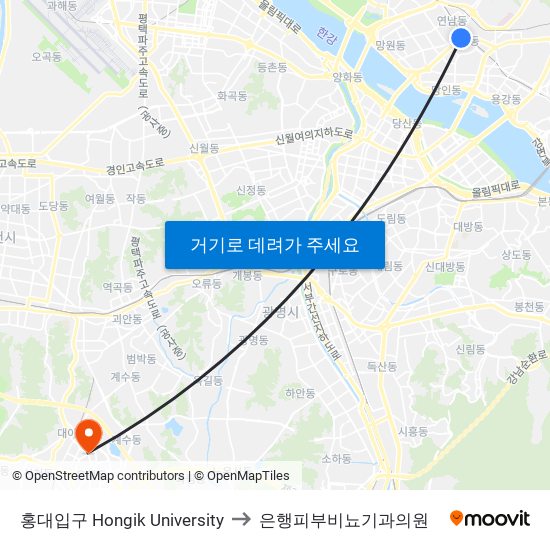 홍대입구 Hongik University to 은행피부비뇨기과의원 map