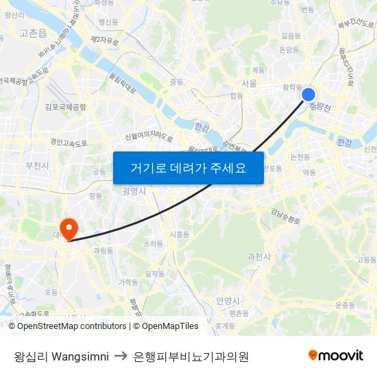 왕십리 Wangsimni to 은행피부비뇨기과의원 map