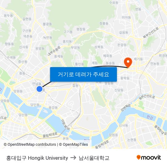 홍대입구 Hongik University to 남서울대학교 map