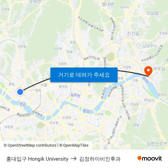 홍대입구 Hongik University to 김정하이비인후과 map