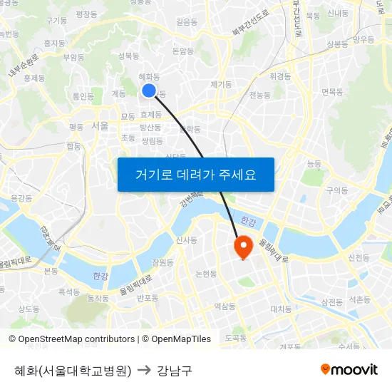 혜화(서울대학교병원) to 강남구 map