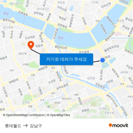 롯데월드 to 강남구 map