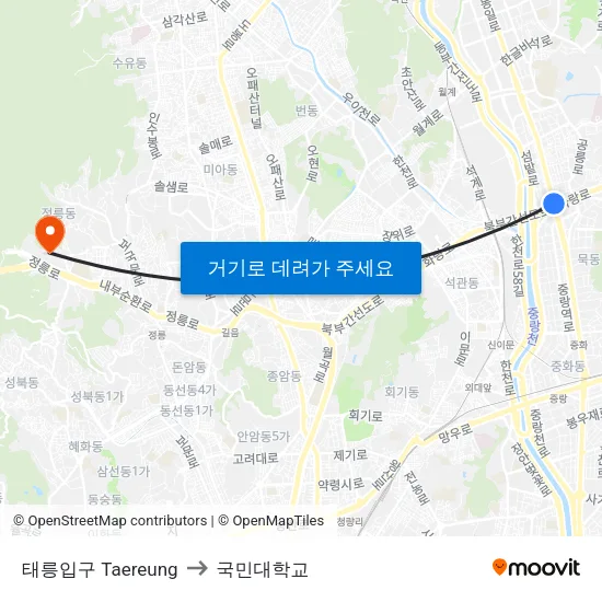 태릉입구 Taereung to 국민대학교 map