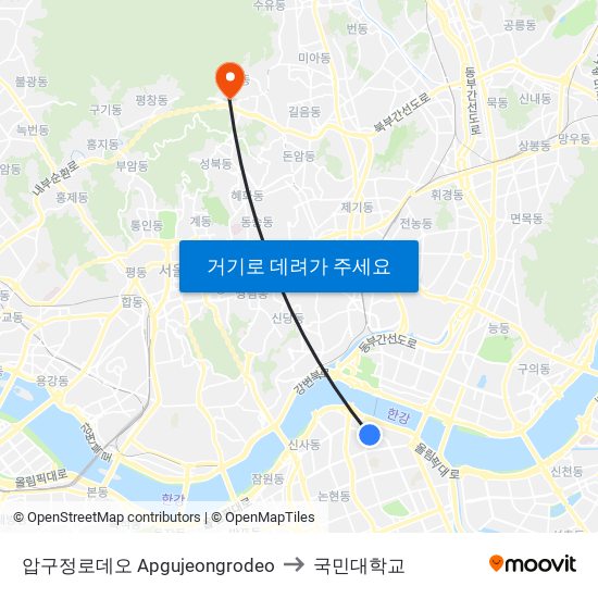 압구정로데오 Apgujeongrodeo to 국민대학교 map