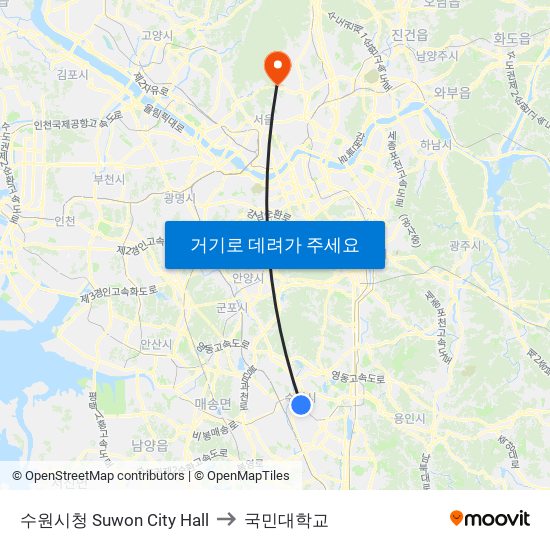 수원시청 Suwon City Hall to 국민대학교 map