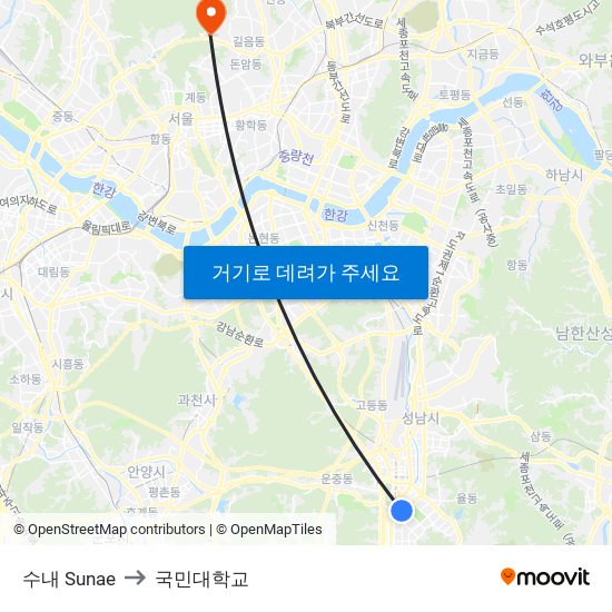 수내 Sunae to 국민대학교 map
