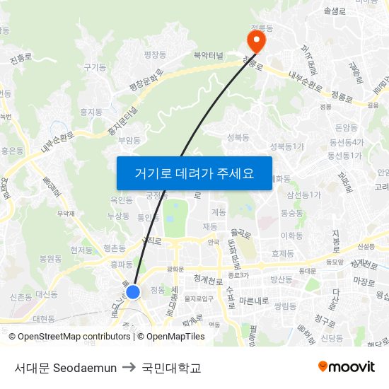 서대문 Seodaemun to 국민대학교 map