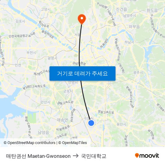 매탄권선 Maetan-Gwonseon to 국민대학교 map