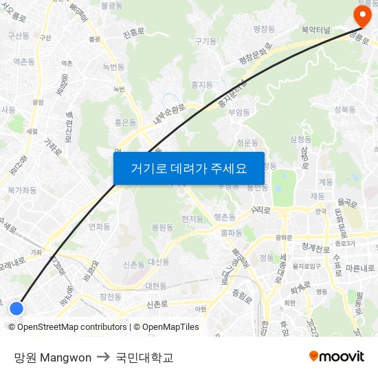 망원 Mangwon to 국민대학교 map