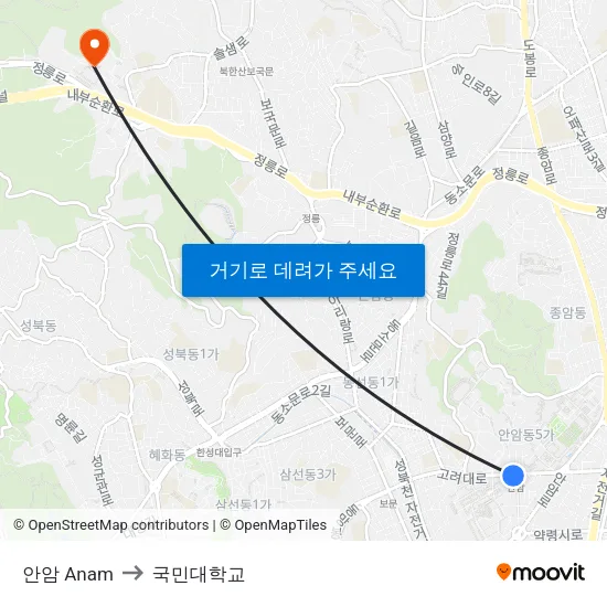 안암 Anam to 국민대학교 map