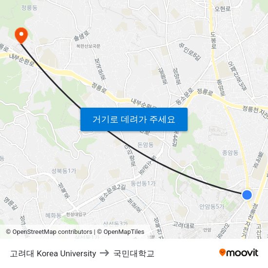 고려대 Korea University to 국민대학교 map