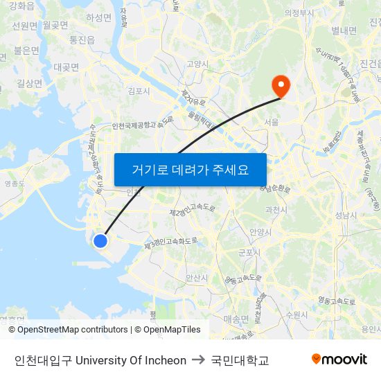 인천대입구 University Of Incheon to 국민대학교 map