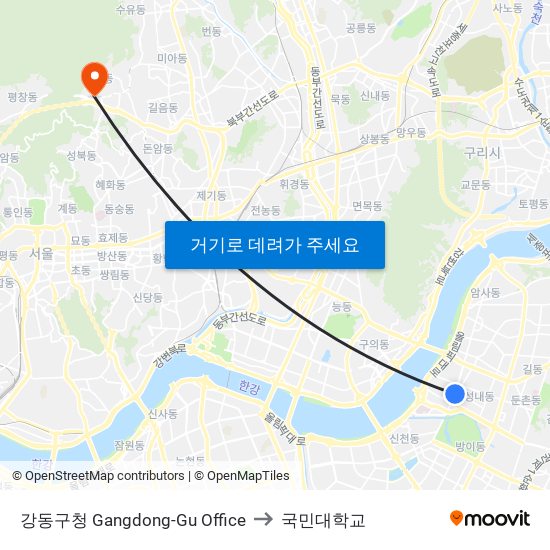 강동구청 Gangdong-Gu Office to 국민대학교 map