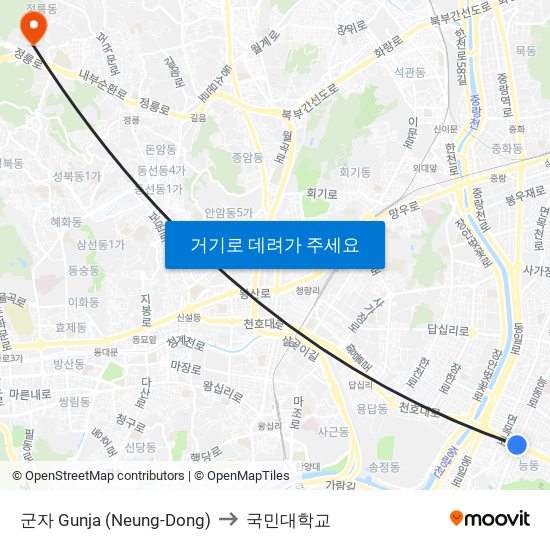군자 Gunja (Neung-Dong) to 국민대학교 map